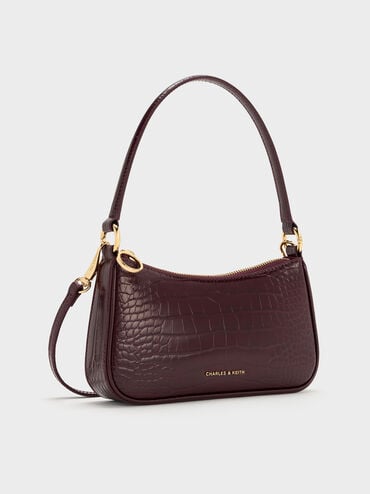 Elspeth Croc-Effect Chain-Link Shoulder Bag, Maroon Red Croco, hi-res