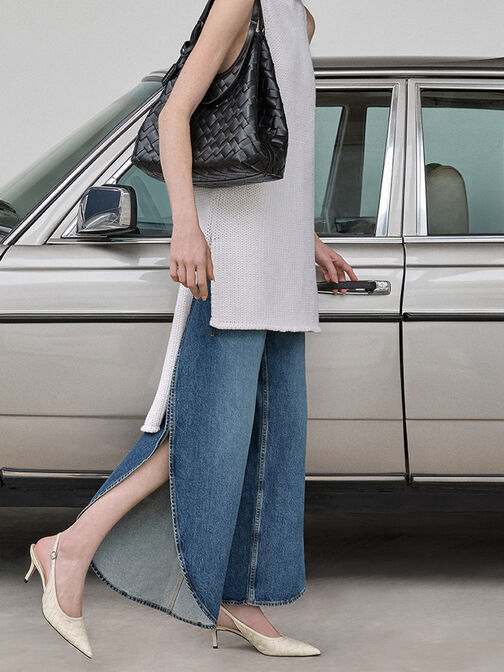 Woven Pointed-Toe Slingback Pumps, Chalk, hi-res