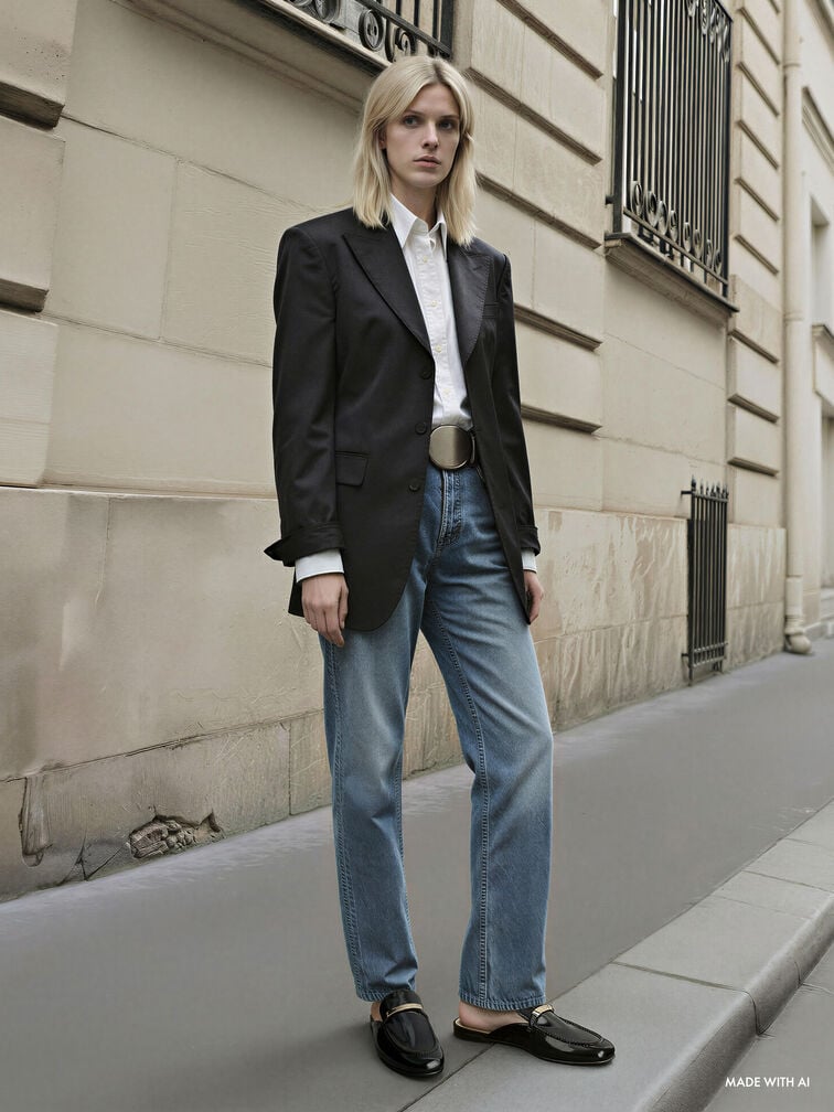 รองเท้าเปิดส้นทรงโลฟเฟอร์ประดับแถบเมทัลลิค, หนังเงาสีดำ, hi-res