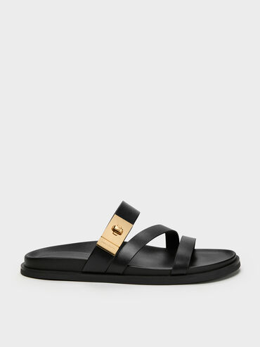 Aelin Metallic-Buckle Strappy Sandals, Black, hi-res