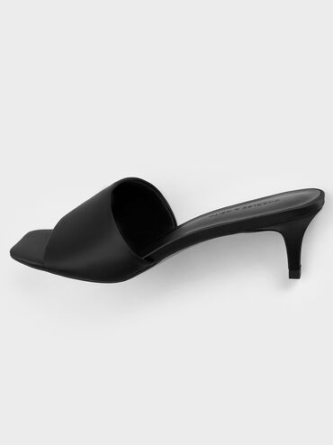 Satin Square-Toe Kitten-Heel Mules, Black Textured, hi-res