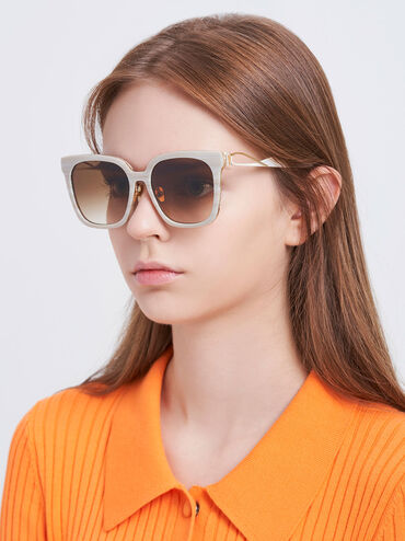 Open Wire Square Acetate Sunglasses, สีครีม, hi-res
