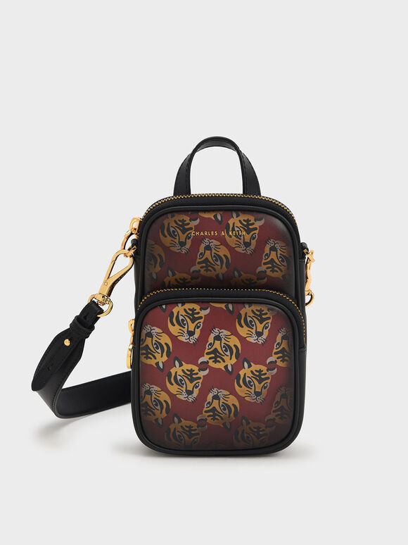Lunar New Year Collection: Tiger-Print Heat Reactive Double Pocket Long Crossbody Bag, Red, hi-res