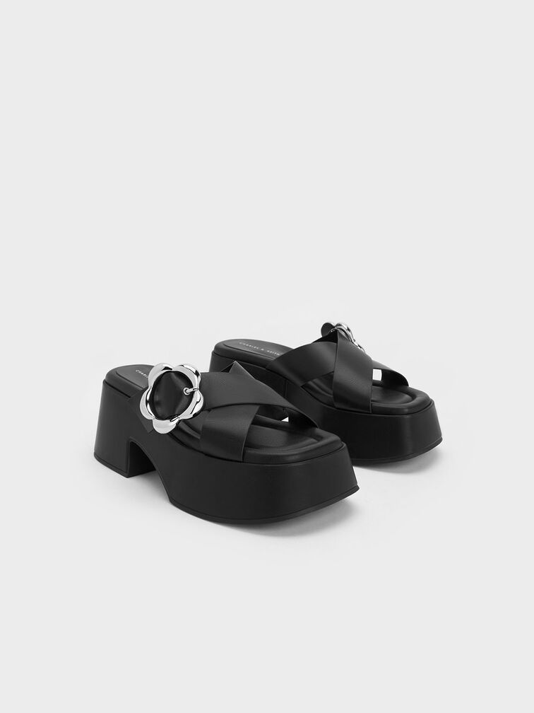 Flower-Buckle Crossover Platform Mules, , hi-res