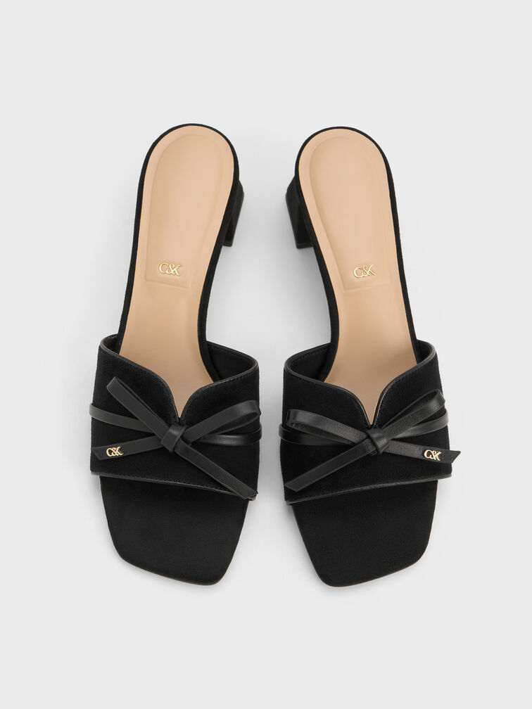 Leather & Suede Bow Heeled Mules, Black Textured, hi-res