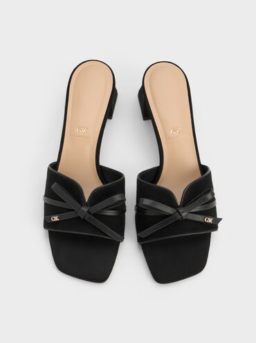 Leather & Suede Bow Heeled Mules, Black Textured, hi-res