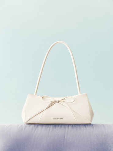 กระเป๋าสะพายไหล่ประดับโบว์รุ่น Hazel, สีครีม, hi-res