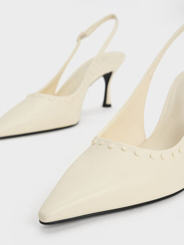 Studded Pointed-Toe Slingback Pumps, สีชอล์ค, hi-res