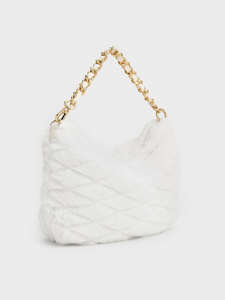 Duo Furry Quilted Crescent Bag, White, hi-res