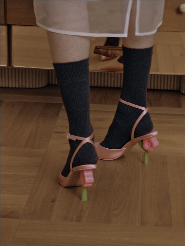 Pointed Flower-Heel Ankle-Strap Pumps, Pink, hi-res