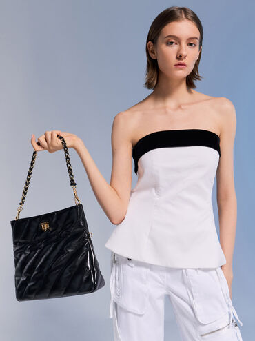 กระเป๋าสะพายไหล่ดีไซน์ลายเส้นพร้อมสายโซ่รุ่น Fawn, สีดำ, hi-res