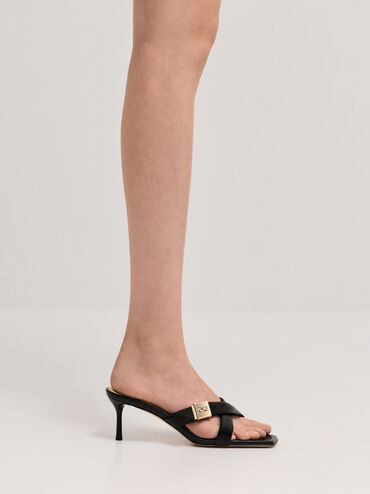 Cody Leather Crossover-Strap Heeled Sandals, Black, hi-res