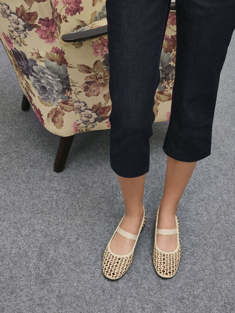 Studded Cut-Out Mary Jane Flats, Cream, hi-res