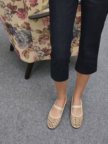 Studded Cut-Out Mary Jane Flats, Cream, hi-res