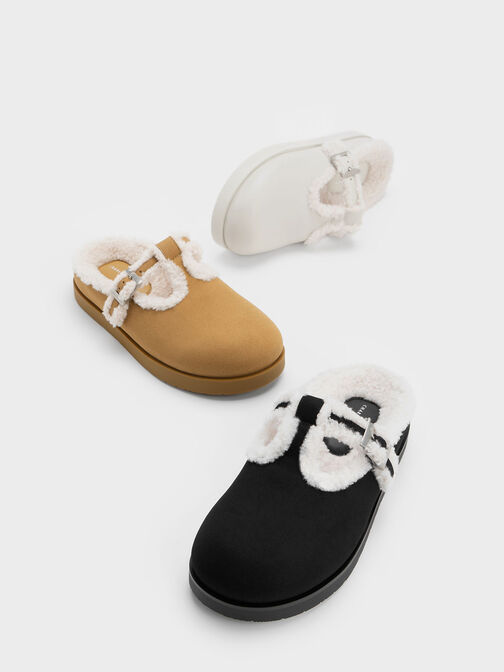 Fur-Trim Buckled Mules, , hi-res