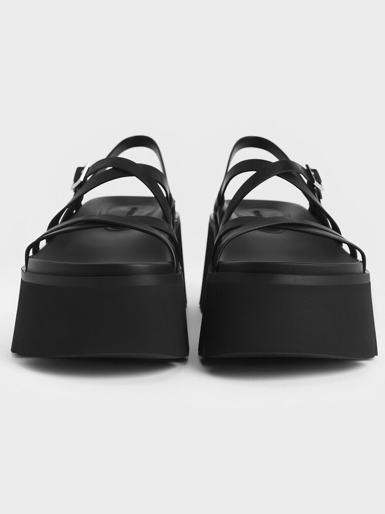 Strappy Crossover Flatform Sandals, Black, hi-res