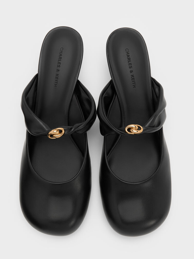 Metallic-Accent Twisted-Strap Heeled Mules, Black, hi-res