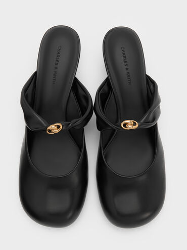 Metallic-Accent Twisted-Strap Heeled Mules, Black, hi-res