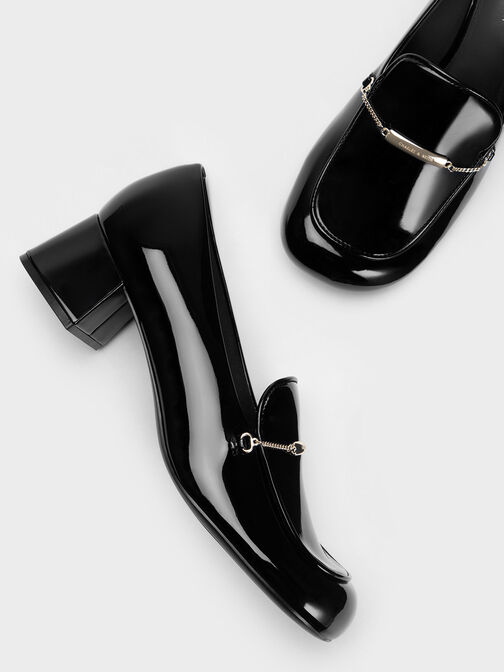 Lexie Chain-Link Heeled Loafers, หนังเงาสีดำ, hi-res