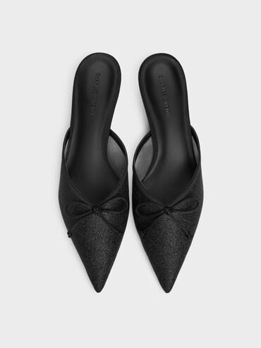 Glittered Mesh Bow Kitten Heels, Black Textured, hi-res
