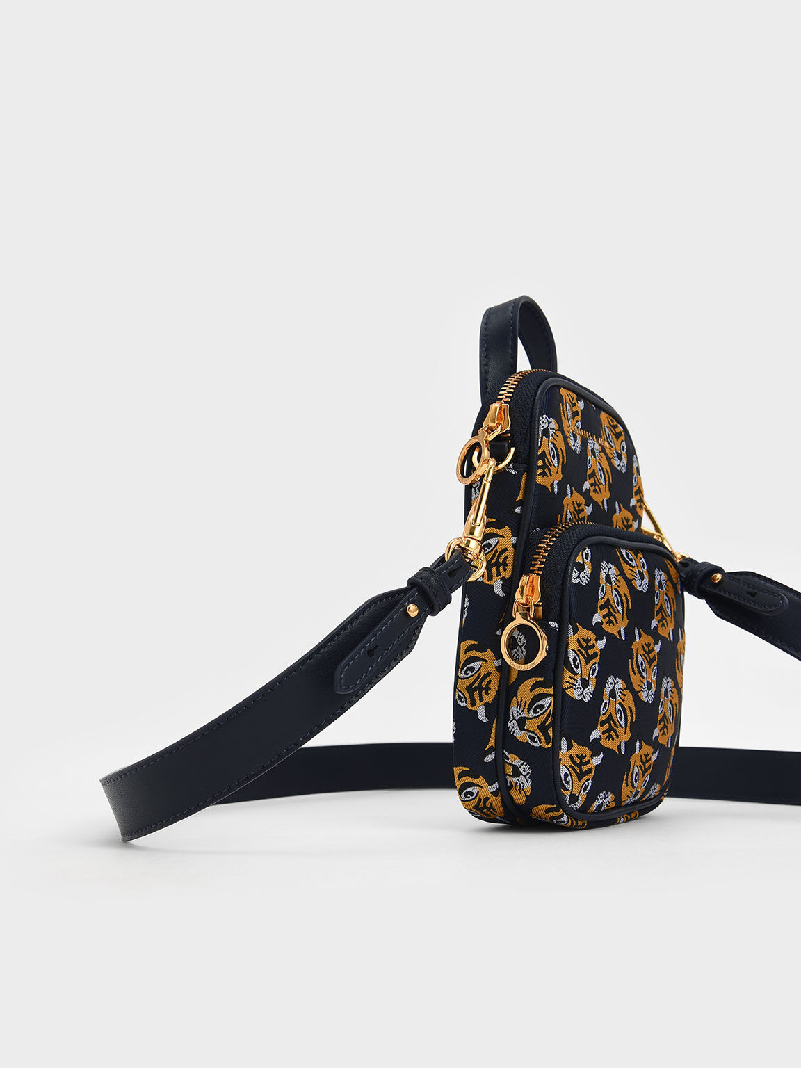 Tiger Print Jacquard Long Crossbody Bag, Navy, hi-res