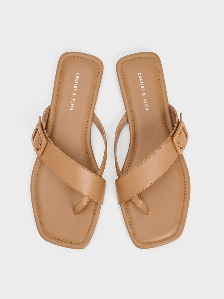 Quilted Buckle Thong Sandals, Camel, hi-res