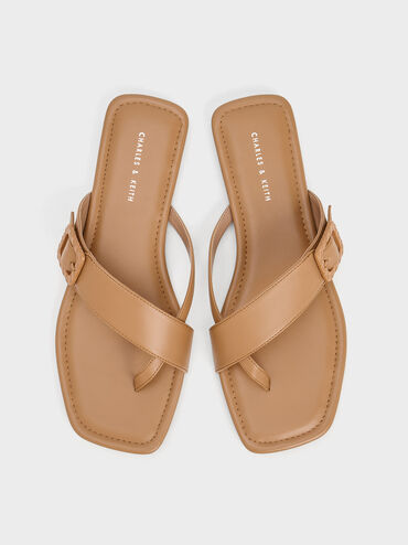 Quilted Buckle Thong Sandals, Camel, hi-res