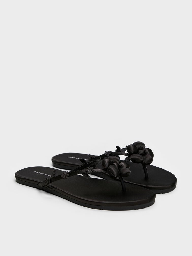 รองเท้าแตะหนีบประดับดอกไม้บุนวม, สีแบล็คเท็กซ์เจอร์, hi-res
