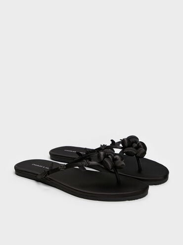 รองเท้าแตะหนีบประดับดอกไม้บุนวม, สีแบล็คเท็กซ์เจอร์, hi-res