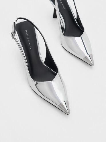 Metallic Cap Pointed-Toe Slingback Pumps, สีเงิน, hi-res