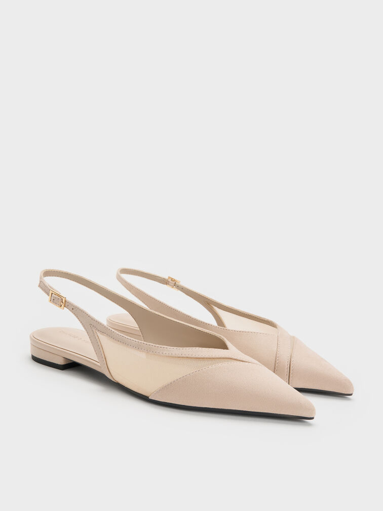 Faux Suede & Mesh Slingback Flats, Beige, hi-res