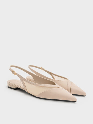 Faux Suede & Mesh Slingback Flats, Beige, hi-res