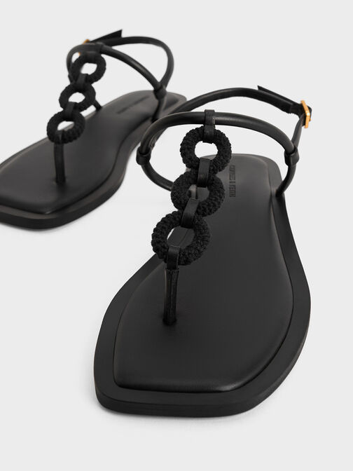 Raffia Ring Thong Sandals, Black, hi-res