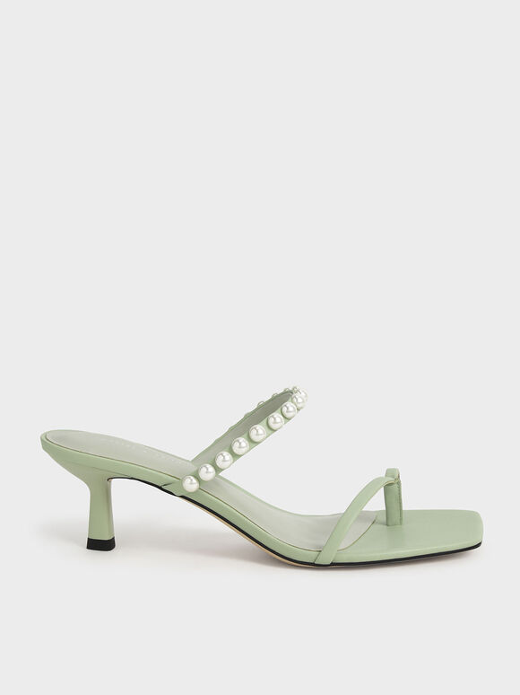 Pearl-Embellished Heeled Thong Sandals, Sage Green, hi-res
