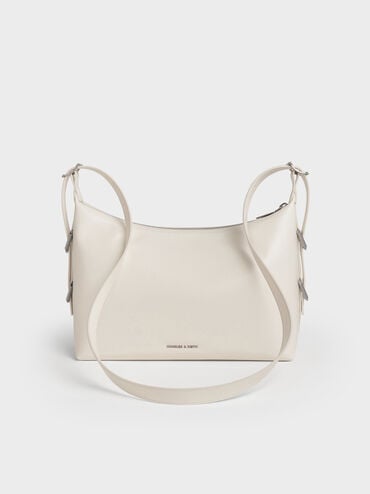 กระเป๋าโฮโบตกแต่งหัวเข็มขัดรุ่น Bryna, สีครีม, hi-res