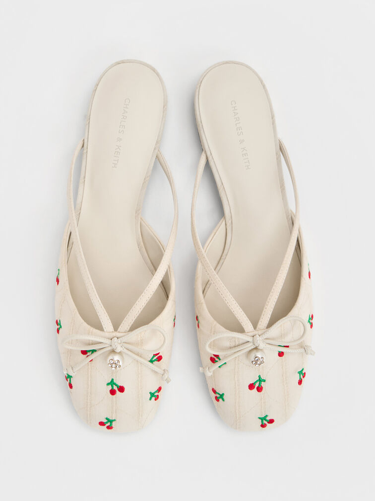 Cherry-Print Pearl-Accent Bow Flat Mules, Multi, hi-res
