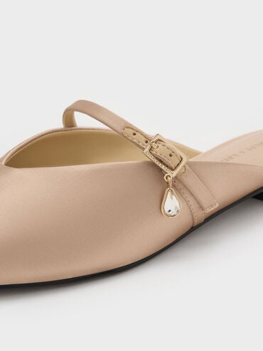 Satin Teardrop-Crystal Flat Mules, Gold, hi-res