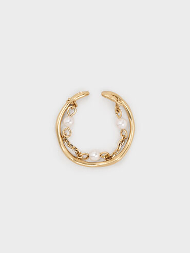 Corrine Pearl Chain-Link Double Ring, Brush Gold, hi-res