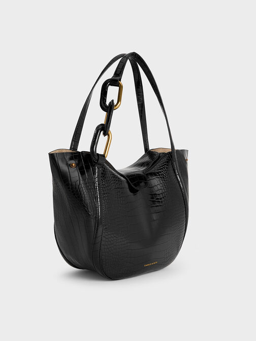 กระเป๋าโท้ทตกแต่งอะไหล่เมทัลลิครุ่น Kora, สีดำ, hi-res