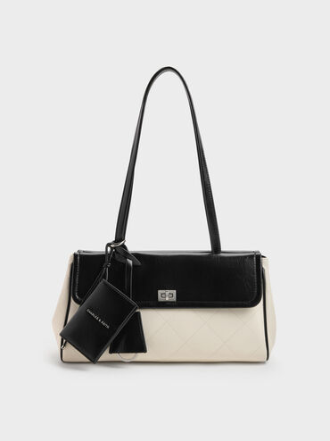 Apfra Two-Tone Quilted Elongated Shoulder Bag, Multi Cream, hi-res