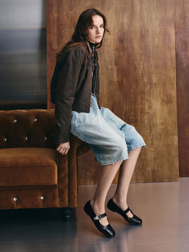 Lando Metallic-Buckle Mary Jane Flats, Black, hi-res