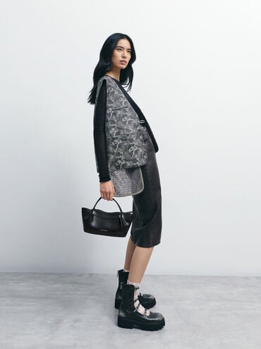 Clarice Pleated Double-Handle Tote Bag, Black, hi-res