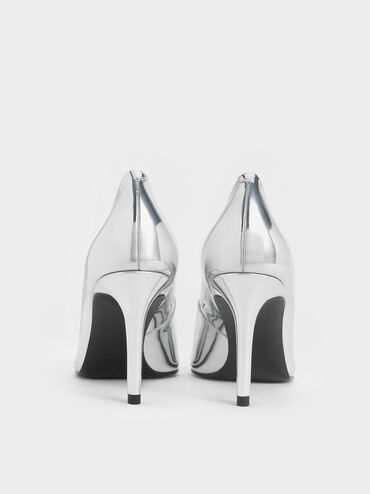 Metallic Bow Pointed-Toe Stiletto-Heel Pumps, Silver, hi-res