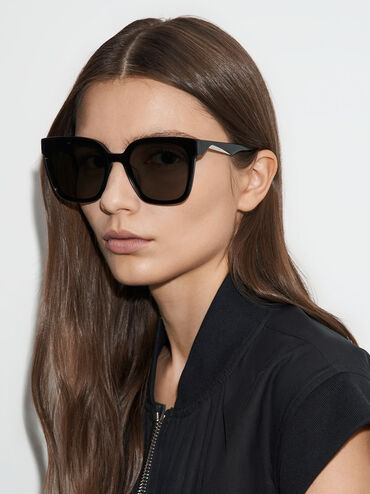 Square Thick-Frame Sunglasses, สีดำ, hi-res