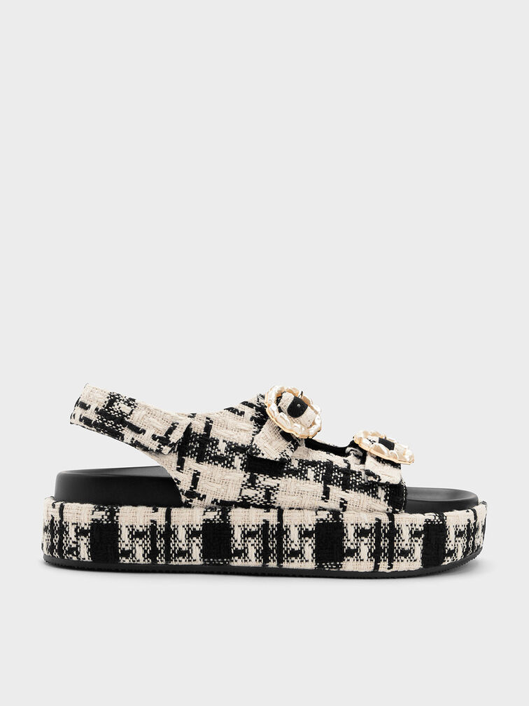 Tweed Pearl-Buckle Double Strap Sandals, สีแบล็คเท็กซ์เจอร์, hi-res