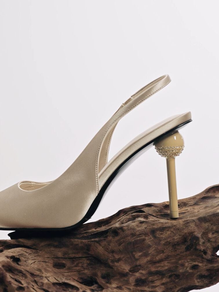 Satin Crystal-Embellished Ball-Heel Pointed-Toe Slingback Pumps, Gold Satin Crystal-Embellished Ball-Heel Pointed-Toe Slingback Pumps, Gold, hi-res