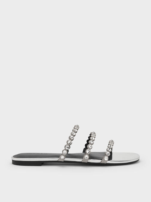 Crystal-Embellished Triple-Strap Sandals, Silver, hi-res