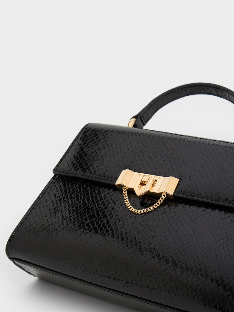 Tallulah Snake-Print Trapeze Top Handle Bag, สีดำ, hi-res