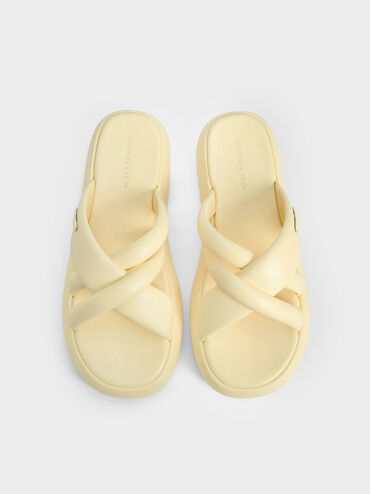 Puffy Crossover-Strap Slide Sandals, Butter, hi-res
