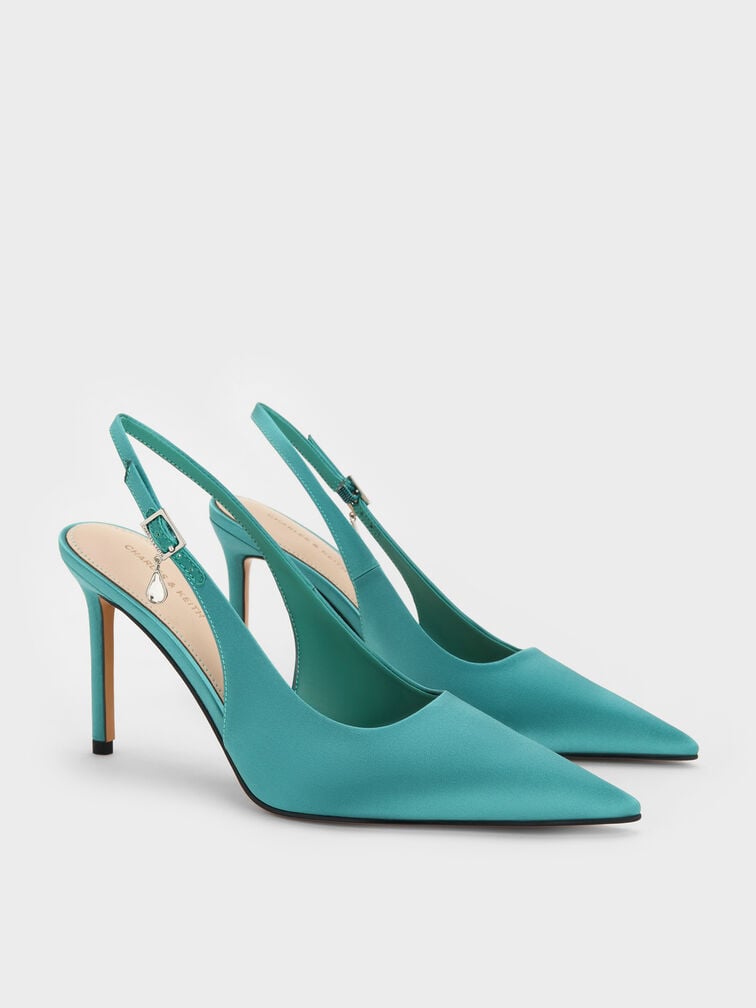 Satin Teardrop-Crystal Stiletto-Heel Slingback Pumps, Teal, hi-res